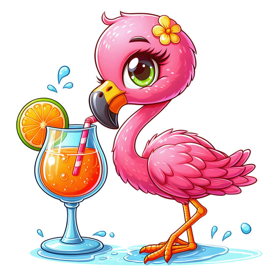 pink flamingo, tropical bird, cartoon style, bright pink, orange drink, cocktail glass, yellow flower, green eyes, cute character, kawaii style, fabric panel, quilting cotton, tropical theme, summer vibes, playful design, anime inspired, beverage motif, hawaiian flower, whimsical art, children's fabric