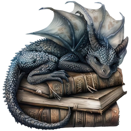 Dragon Sleeping on Books Fabric Panel 9 showing detailed gray dragon resting atop antique brown leather-bound books printed on premium cotton fabric.