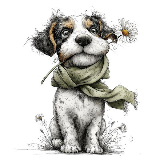 cute dog, spaniel, puppy, dog portrait, animal illustration, whimsical, charming, daisy flowers, floral accents, sage green, cream white, tan brown, black and white, ink drawing, sketch style, botanical, spring, nature themed, children's fabric, nursery, playful, friendly, gentle, countryside, pastoral, decorative panel, wall art, scarf design