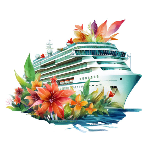 cruise ship, tropical flowers, watercolor style, orange lilies, green leaves, teal ship, coral blooms, ocean waves, vacation theme, bright colors, floral arrangement, maritime scene, fabric panel, quilting cotton, travel motif, summer vibes, paradise design, botanical elements, cruise vacation, tropical paradise