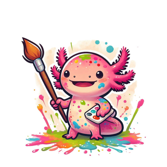cute axolotl, cartoon character, pink salamander, paint brush, art supplies, paint palette, colorful splashes, bright colors, magenta, turquoise, lime green, orange flames, cheerful expression, kawaii style, artist theme, creative design, fabric panel, quilting cotton, children's motif, vibrant illustration