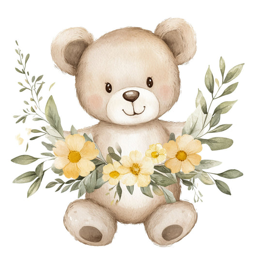 cute teddy bear, cream, beige, tan, soft yellow, pale yellow, sage green, watercolor, floral, botanical, animals, nature, whimsical, sweet, gentle, baby, nursery, children's, daisy, flowers, leaves, foliage, spring, soft colors, pastel, illustration, storybook, tender, adorable, gender neutral