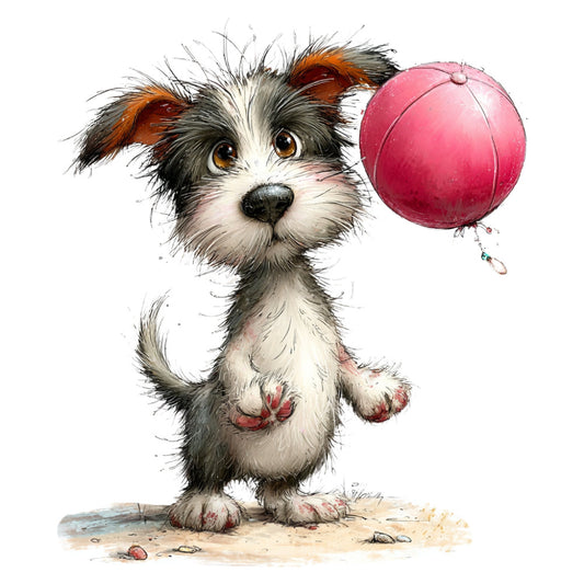 puppy, dog, children's, whimsical, cute animals, playful, ball, pink ball, ruby red, cream, black, white, tan, orange, brown, illustration, watercolor, animal illustration, kids fabric, nursery, playful design, dog portrait, standing dog, joyful, cheerful, fun, character design, children's clothing, baby fabric