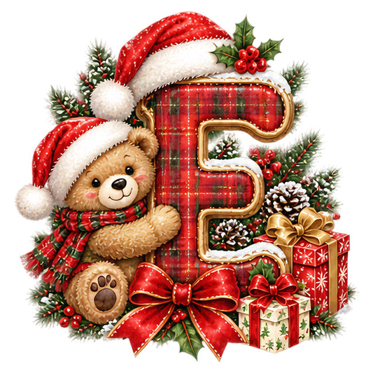 christmas, holiday, teddy bear, santa hat, red plaid, tartan, gold accents, festive, whimsical, cute, children's, winter, snow, pine cones, holly berries, red ribbon, bow, gift boxes, cream white, forest green, bright red, burgundy, traditional, seasonal, decorative panel, nursery, baby, storybook, vintage holiday, cozy
