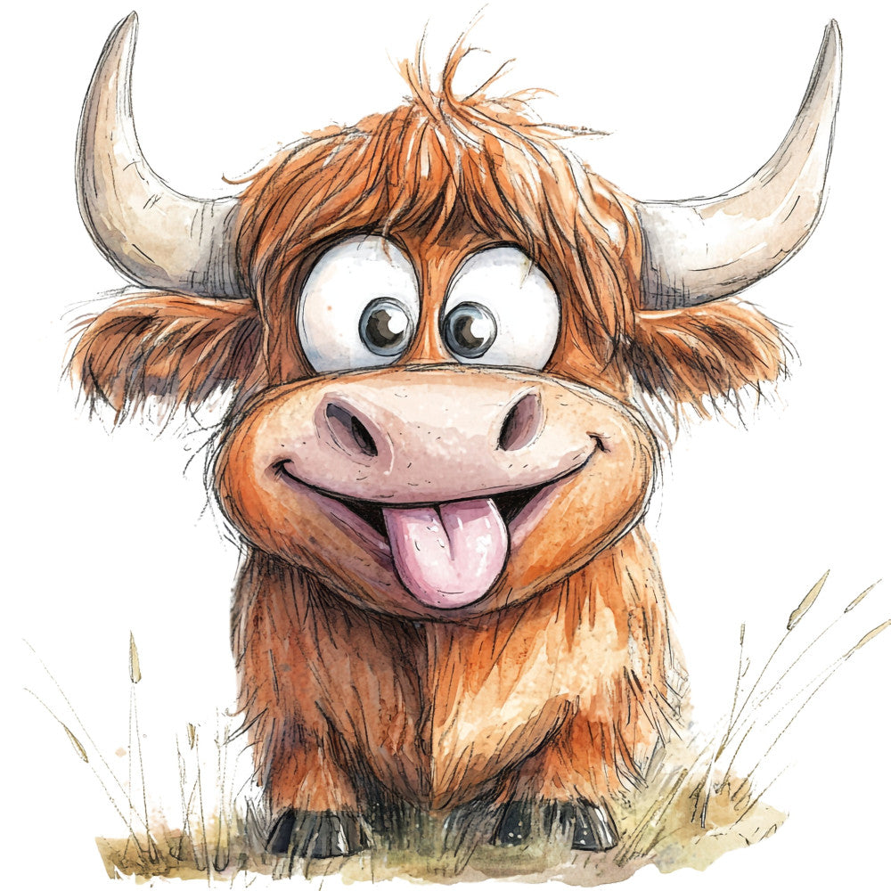 reddish brown, cream, tan, beige, rust orange, animal, cow, highland cattle, bull, whimsical, cartoon, playful, cute, childish, silly, funny, farm animals, farmhouse, countryside, rustic, nature, children's, kids, tongue out, cheerful, happy, expressive eyes, folk art, illustration style, pastoral