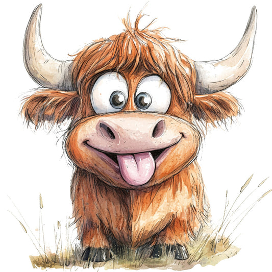 reddish brown, cream, tan, beige, rust orange, animal, cow, highland cattle, bull, whimsical, cartoon, playful, cute, childish, silly, funny, farm animals, farmhouse, countryside, rustic, nature, children's, kids, tongue out, cheerful, happy, expressive eyes, folk art, illustration style, pastoral