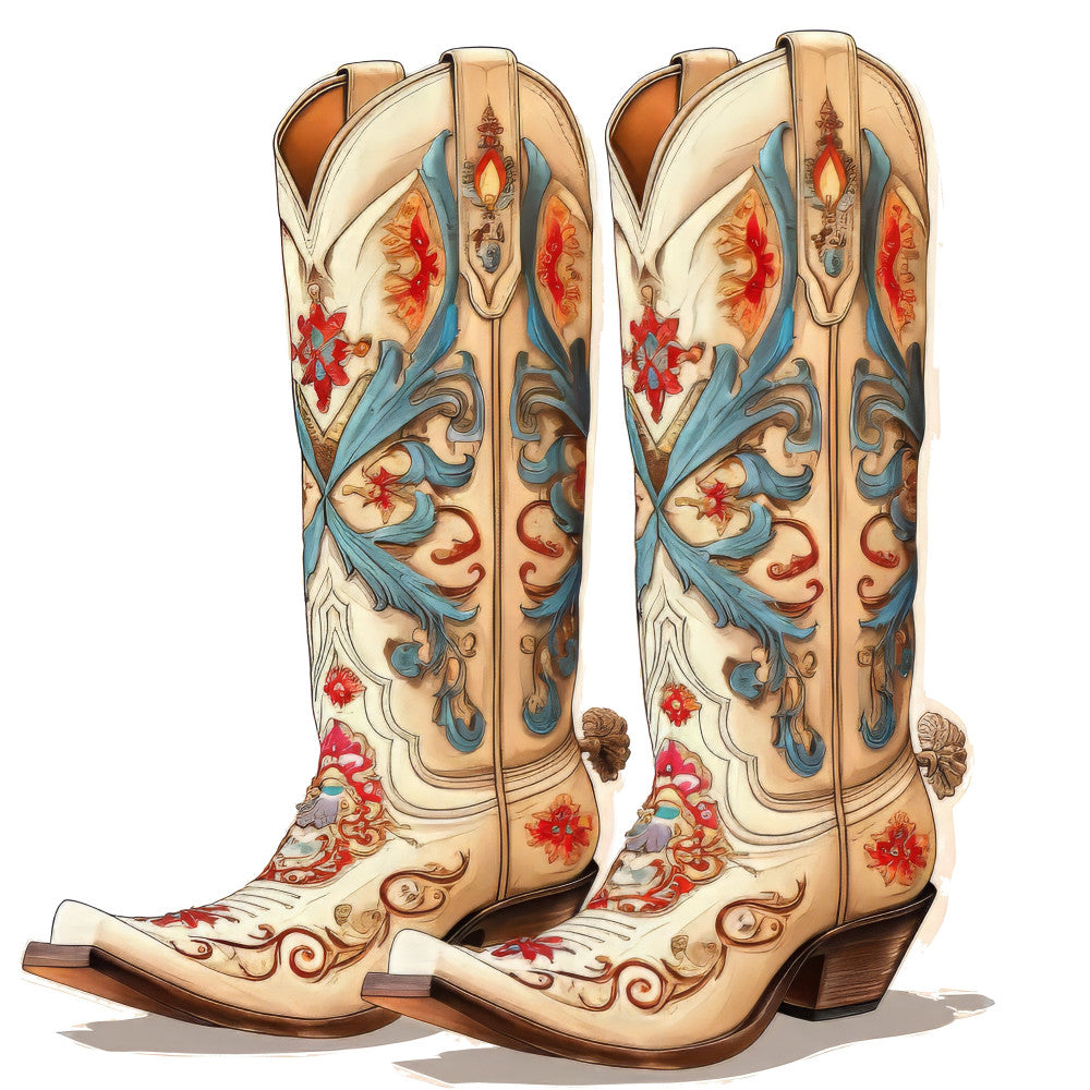 cream, tan, beige, red, rust, blue, turquoise, western, cowboy boots, floral, ornamental, scrolls, filigree, baroque, elegant, traditional, vintage, southwestern, boots, spurs, decorative, baroque floral, red flowers, blue flourishes, classic, timeless, country, home decor