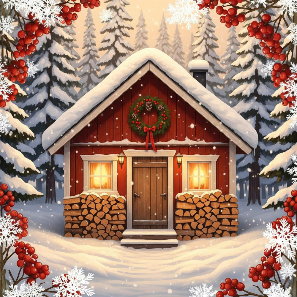 red cabin, snowy landscape, winter forest, christmas, holiday, cabin in the woods, festive, traditional, rustic, cozy, cream, red, brown, forest green, white, snowflakes, pine trees, evergreen trees, wreath, red berries, rowan berries, log cabin, wooden door, warm lights, snowy roof, winter scene, cottage core, farmhouse style, seasonal, christmas decor