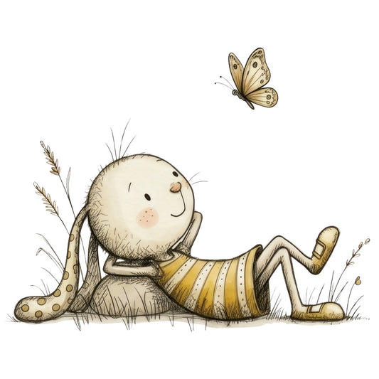 cream, tan, beige, golden yellow, brown, whimsical, cute, playful, children, animals, insects, butterfly, caterpillar, nature, garden, spring, summer, adorable, storybook, illustration, character, baby, nursery, gentle, soft, pastoral, grass, charming, friendship