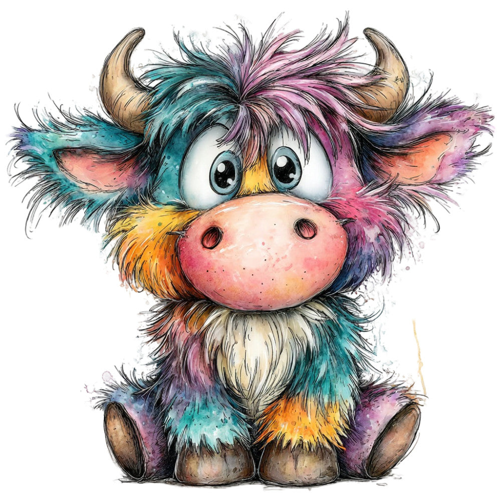 colorful, multicolor, teal, purple, pink, yellow, orange, coral, cream, whimsical, cute, playful, animal, cow, highland cattle, highland bull, quirky, modern, contemporary, children's, kids, baby, fantasy, illustration, artistic, watercolor, abstract, vibrant, cheerful, nursery