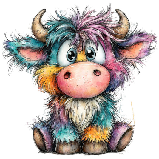 colorful, multicolor, teal, purple, pink, yellow, orange, coral, cream, whimsical, cute, playful, animal, cow, highland cattle, highland bull, quirky, modern, contemporary, children's, kids, baby, fantasy, illustration, artistic, watercolor, abstract, vibrant, cheerful, nursery