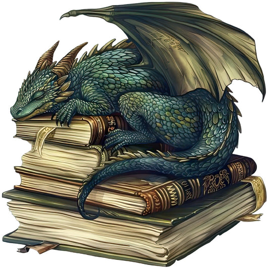 Dragon Sleeping on Books Fabric Panel 7 showing a detailed blue dragon curled atop a stack of old books with intricate covers.