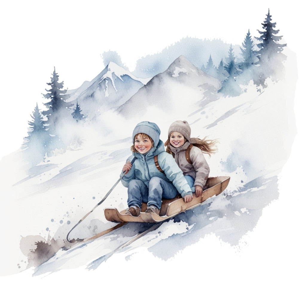 watercolor painting, children sledding, winter scene, snowy mountains, evergreen trees, blue jacket, beige hat, wooden sled, mountain landscape, fabric panel, quilting cotton, winter sports, outdoor adventure, soft pastels, muted blues, gray tones, pine forest, snow covered hills, joyful children, winter clothing