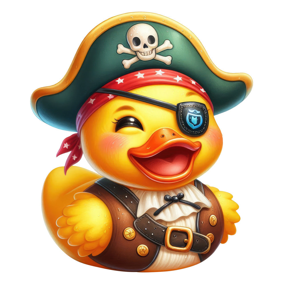 pirate duck, yellow duck, pirate hat, skull and crossbones, nautical, adventure, whimsical, children's, bright yellow, forest green, red, gold, orange, pirate theme, duck character, eye patch, bandana, costume, playful, fun, novelty, animal character, decorative panel, kid's quilt, nursery, coastal, adventure theme, cheerful, colorful