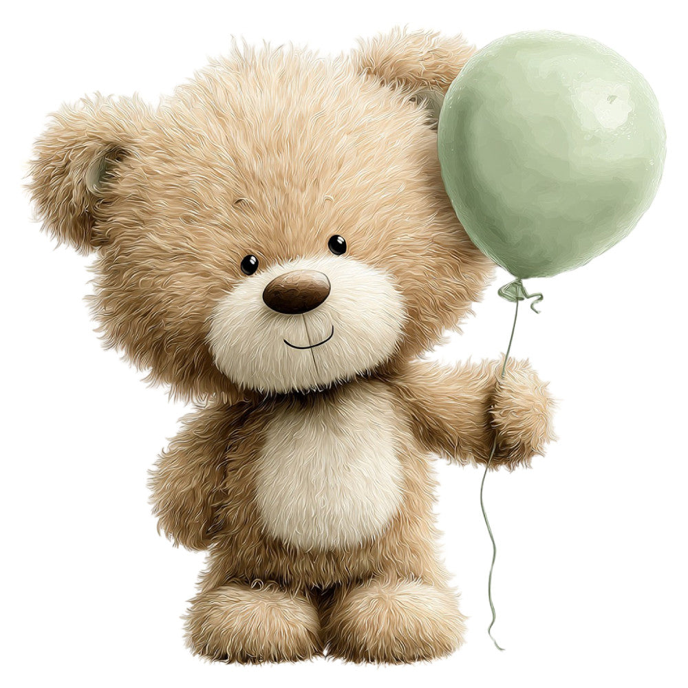 teddy bear, soft green balloon, cute animals, whimsical, children's, baby, nursery, sage green, cream, tan, beige, light brown, sweet, playful, innocent, gentle, kid-friendly, adorable, storybook, themed panel, baby shower, newborn, gender-neutral, soft colors, pastel green, plush, huggable, illustration style, character panel, decorative