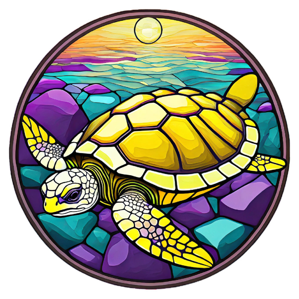 sea turtle, stained glass, yellow, purple, turquoise, teal, ocean, aquatic, animals, wildlife, nature, sunset, sky, celestial, whimsical, artistic, decorative, wall hanging, home decor, modern, contemporary, tropical, sea life, marine, vibrant, colorful, geometric, bold, striking, ocean theme