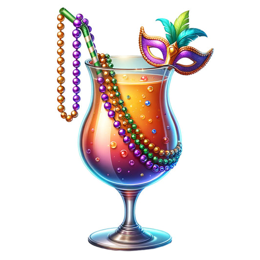watercolor style, mardi gras, cocktail glass, carnival mask, feathers, beaded necklaces, purple, gold, orange, teal, green, festive celebration, hurricane glass, decorative mask, party theme, fabric panel, quilting cotton, new orleans, carnival beads, tropical drink