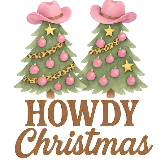 pink, green, brown, yellow, christmas trees, cowboy hats, ornaments, leopard print, stars, western theme, holiday, festive, fabric panel, quilting cotton, cowgirl christmas, pink ornaments, tree decorations, country christmas, western holiday, seasonal fabric