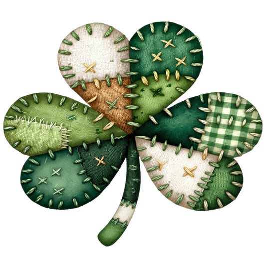 shamrock, clover, patchwork, applique, blanket stitch, embroidery, forest green, emerald green, sage green, cream, white, brown, gingham, checkered, fabric panel, quilting cotton, st patrick's day, irish, lucky charm, folk art