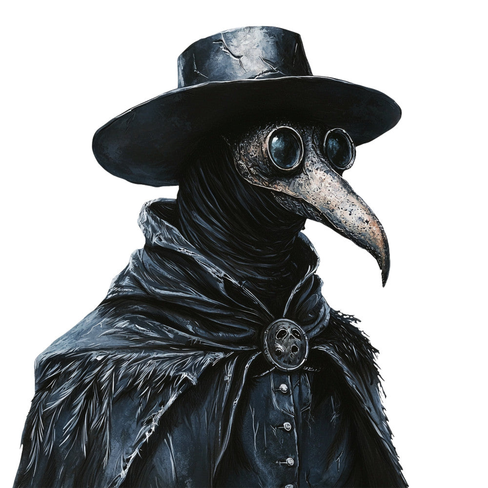 steampunk, plague doctor, raven, bird, gothic, black, charcoal gray, metallic gold, vintage, dark academia, mysterious, elegant, whimsical, costume, historical, mask, goggles, hat, top hat, cape, feathered, textured, moody, dramatic, noir, victorian, fantasy, character, portrait, halloween