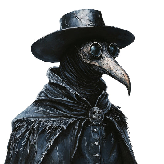 steampunk, plague doctor, raven, bird, gothic, black, charcoal gray, metallic gold, vintage, dark academia, mysterious, elegant, whimsical, costume, historical, mask, goggles, hat, top hat, cape, feathered, textured, moody, dramatic, noir, victorian, fantasy, character, portrait, halloween