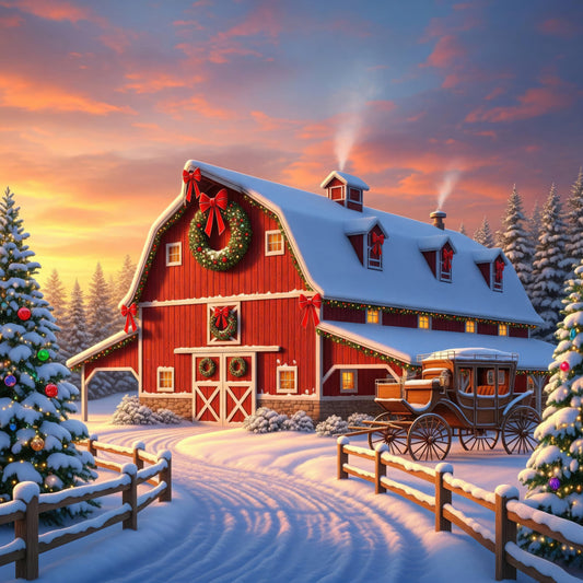 red barn, christmas, holiday, winter, snow, festive, farmhouse, rustic, horses, carriage, sleigh, evergreen trees, pine trees, wreaths, red bows, gold trim, cream accents, sunset sky, orange sky, purple sky, traditional, vintage, countryside, seasonal, winter landscape, snowy scene, decorative, whimsical, cozy, nostalgic