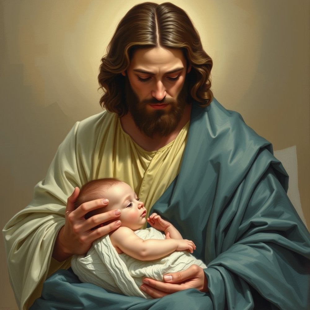 spiritual, religious, jesus, nativity, holy, sacred, christian, infant, baby, protective, gentle, tender, loving, devotional, blue, cream, soft yellow, pale yellow, tan, beige, warm neutral, classic, traditional, elegant, peaceful, serene, inspirational, faith, religious art, baby themed