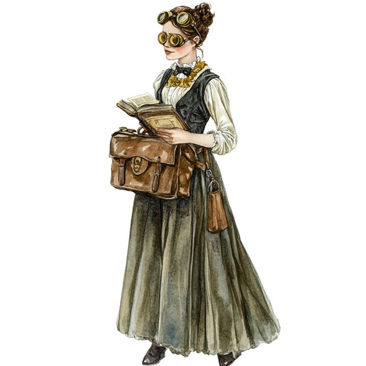 steampunk, vintage, brass goggles, victorian, brown leather, cream, sage green, olive green, gold accents, mechanical, industrial, retro, woman portrait, character fabric, literary, adventurous, whimsical, elegant, period costume, brass gears, leather satchel, bow tie, long skirt, antique, nostalgic, fantasy, adventure theme, classic literature, feminine vintage, color block design