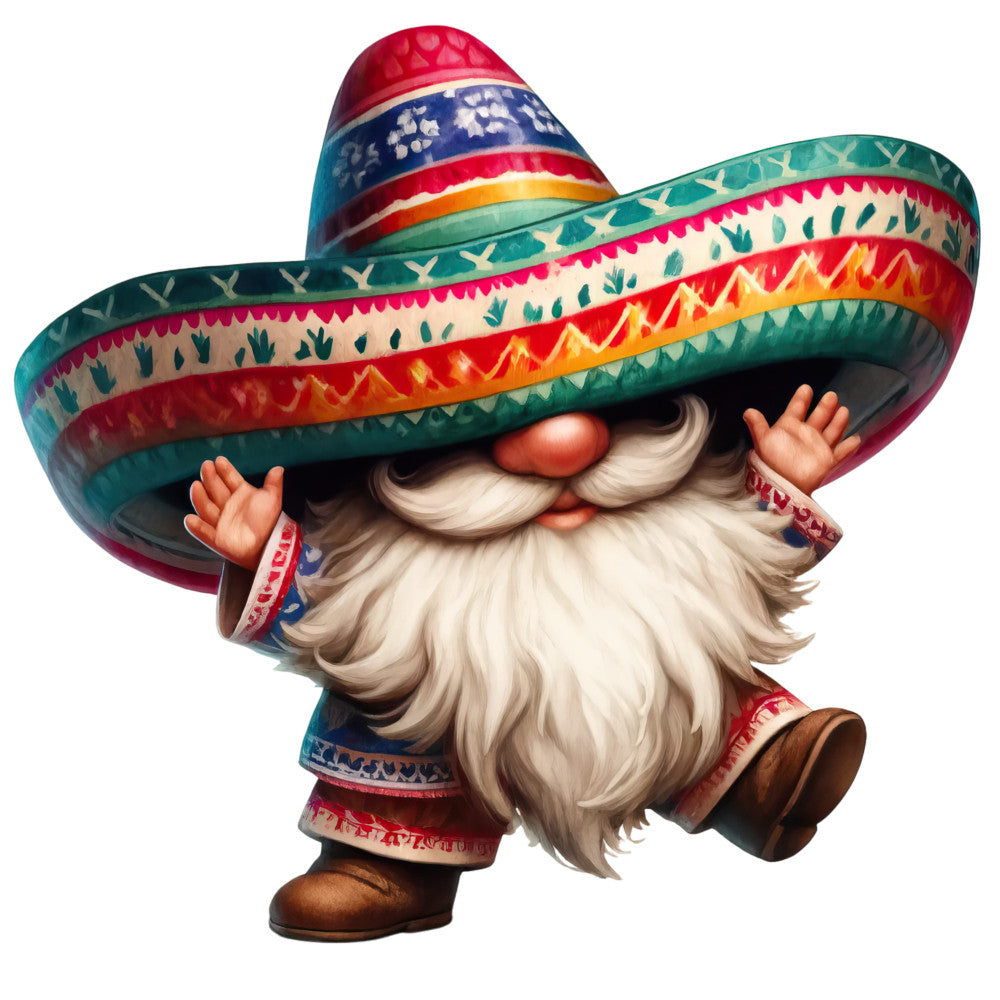 mexican gnome, sombrero, colorful stripes, red, turquoise, orange, white beard, festive patterns, geometric designs, folk art style, whimsical character, fabric panel, quilting cotton, cultural theme, bright colors, decorative motifs, cartoon style, cheerful mood, craft fabric, southwestern design