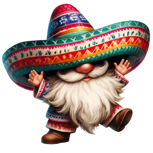 mexican gnome, sombrero, colorful stripes, red, turquoise, orange, white beard, festive patterns, geometric designs, folk art style, whimsical character, fabric panel, quilting cotton, cultural theme, bright colors, decorative motifs, cartoon style, cheerful mood, craft fabric, southwestern design