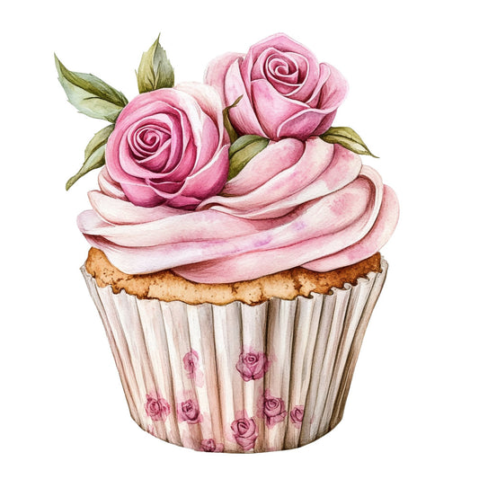 rose pink, dusty rose, blush pink, cream, golden brown, floral, cupcake, botanical, roses, elegant, whimsical, vintage, romantic, dessert, baked goods, spring, summer, decorative, sweet treats, delicate, feminine, garden flowers, nature inspired, pastry themed, buttercream frosting, green foliage, leaf details, pansy rose motif