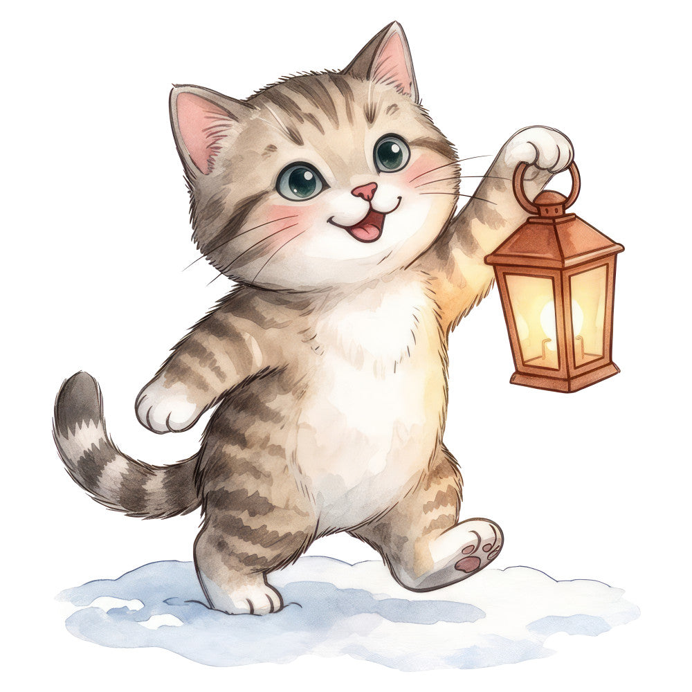 adorable cat, tabby cat, cute kitten, smiling cat, happy cat, lantern, winter, snow, cream, tan, brown, beige, gray, soft colors, pastel, whimsical, playful, children's, kids, animal themed, cat lover, charming, sweet, illustration, winter scene, snowy, cozy, vintage style, folk art, novelty print