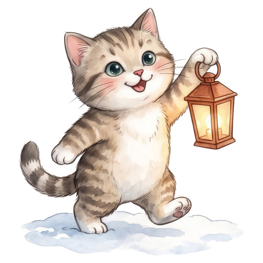 adorable cat, tabby cat, cute kitten, smiling cat, happy cat, lantern, winter, snow, cream, tan, brown, beige, gray, soft colors, pastel, whimsical, playful, children's, kids, animal themed, cat lover, charming, sweet, illustration, winter scene, snowy, cozy, vintage style, folk art, novelty print