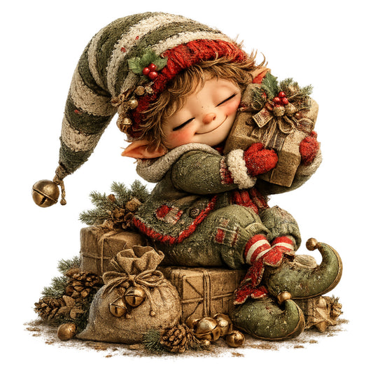 christmas, holiday, elf, gnome, whimsical, festive, winter, red, forest green, sage green, cream, gold, metallic, vintage, rustic, traditional, decorative, seasonal, cherub, joyful, nostalgic, woodland, nature-inspired, gift-themed, children's, nursery, wall hanging, festive decor, bell motif, plaid