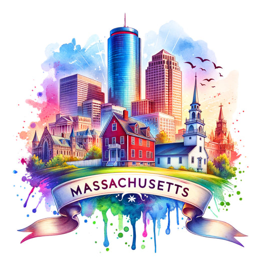 US States Retro Travel Fabric Panel 45 featuring a colorful Massachusetts cityscape in premium quilting cotton print.