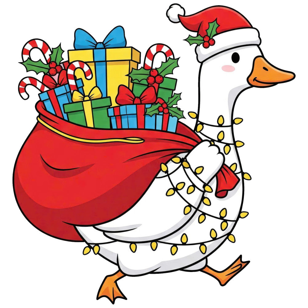 christmas, holiday, snowman, goose, duck, festive, whimsical, cute, red, white, yellow, orange, green, candy cane, holly berries, santa hat, gold lights, decorative lights, christmas gifts, presents, cheerful, playful, traditional, seasonal, winter, santa sack
