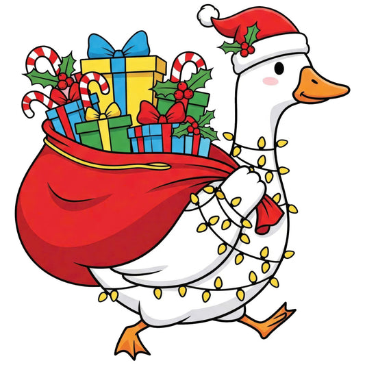 christmas, holiday, snowman, goose, duck, festive, whimsical, cute, red, white, yellow, orange, green, candy cane, holly berries, santa hat, gold lights, decorative lights, christmas gifts, presents, cheerful, playful, traditional, seasonal, winter, santa sack