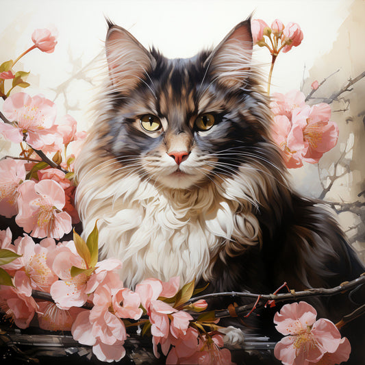 Watercolor Cats with Flowers Fabric Panel 4 showing a detailed long-haired cat surrounded by delicate pink blossoms on quilting cotton.