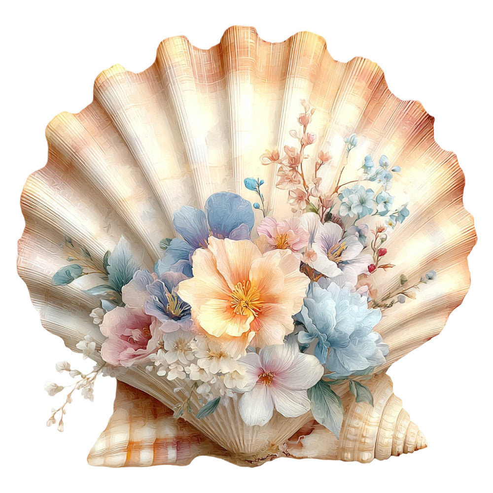 seashell floral, pastel flowers, peach, cream, dusty blue, soft pink, coral orange, vintage botanical, nature-inspired, elegant, whimsical, romantic, seashell design, shell motif, garden flowers, peonies, delicate florals, spring, summer, cottage core, shabby chic, coastal, nautical, wall hanging, decorative panel, illustration art, watercolor style, dreamy, soft aesthetic, feminine