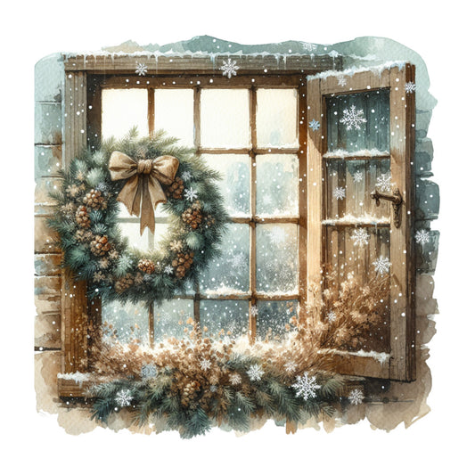 vintage christmas, winter window, evergreen wreath, pine cones, burlap bow, watercolor style, snow falling, rustic cabin, fabric panel, quilting cotton, holiday decorations, woodland theme, cozy cottage, winter scene, brown window frame, sage green, cream colors, snowflakes, festive garland, nostalgic artwork