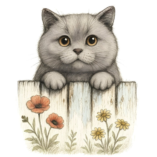 cat, kitten, gray cat, white cat, golden eyes, flowers, floral, poppies, daisies, coral pink, yellow, cream, white, beige, tan, green leaves, whimsical, cute, animal, nature, botanical, vintage, garden, cottage style, rustic, sweet, adorable, spring, summer, wall hanging