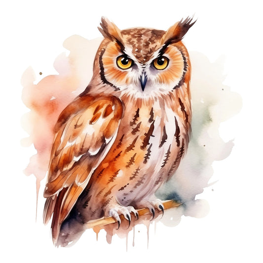 watercolor owl, brown owl, orange feathers, yellow eyes, ear tufts, perched owl, watercolor painting, fabric panel, quilting cotton, bird design, nature motif, woodland animal, rustic colors, earth tones, artistic style, flowing watercolor, ornithology, raptor bird, amber hues, painterly effect