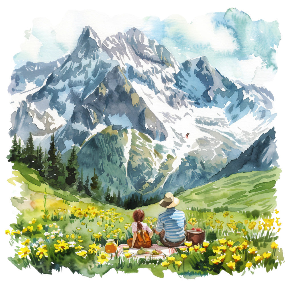 watercolor painting, summer landscape, mountain scenery, alpine meadow, snow-capped peaks, yellow wildflowers, green grass, blue sky, white clouds, couple picnicking, fabric panel, quilting cotton, peaceful scene, outdoor adventure, nature illustration, soft brushstrokes, pastel colors, romantic setting, hiking theme, floral meadow