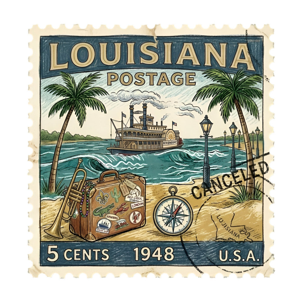 vintage louisiana, postage stamp, steamboat, paddle wheeler, travel themed, nautical, tropical, palm trees, beach scene, compass, vintage suitcase, travel luggage, cream, teal blue, sand tan, forest green, vintage postcard, retro, americana, 1948, vintage travel, adventure themed, classic americana, coastal, historic, collectible stamps, stamp design, whimsical vintage, nostalgic, travel and adventure
