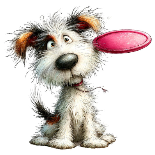 white dog, brown and white dog, terrier, whimsical, cute dog, playful, children's, kids fabric, animal theme, dog with frisbee, pink frisbee, character print, illustrated dog, cartoon dog, rust orange, cream white, black accents, warm tones, playful theme, pet lovers, dog lovers, fun and cheerful, juvenile design, storybook illustration, novelty print, cute animals, dog portrait, expressive eyes