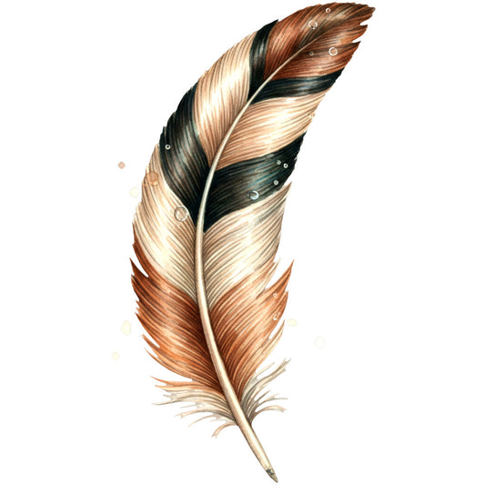 feather, brown, bronze, copper, cream, ivory, black, teal, nature, botanical, realistic, elegant, detailed, watercolor style, bird feather, decorative feather, vintage, natural elements, earth tones, striped pattern, wildlife, illustration style, wall hanging, quilt panel, bohemian, rustic elegant, artistic, hand-painted effect, beige, warm tones