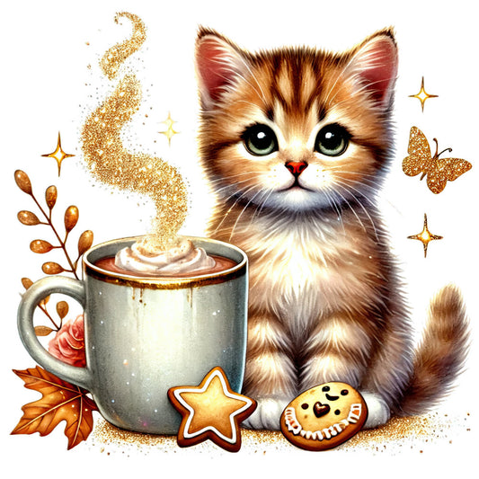 tabby kitten, orange brown, cream, gold glitter, whimsical, cute animals, cozy, autumn, fall, hot chocolate, coffee mug, star cookies, gingerbread, decorative leaves, butterflies, sparkle, magical, whimsy, warm tones, seasonal, comfort, hygge, children's, baby, cheerful, festive, charming, sweet, delicate florals