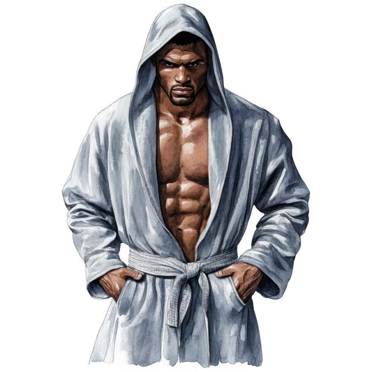 light blue, slate gray, charcoal gray, bronze, muscular man, boxer, athletic, strength, power, sports, fighting, portrait, character art, figure study, masculine, bold, dramatic, confident, serious expression, hoodie, robe, gym wear, sports themed, contemporary, realistic, illustration style, inspirational, motivational