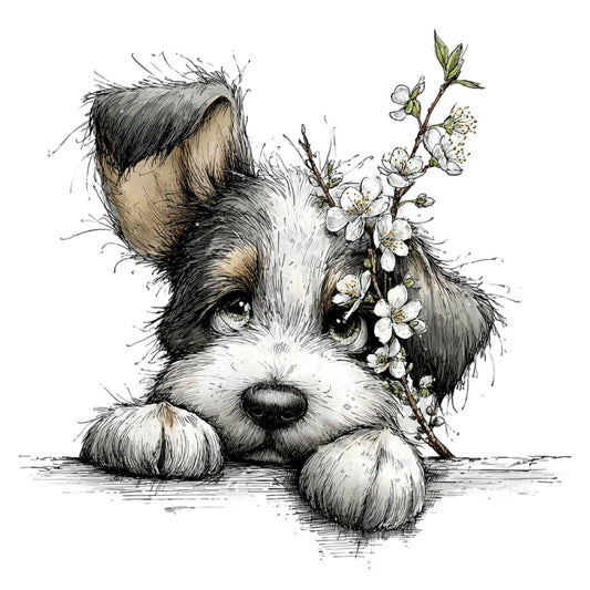 dog, puppy, black and white, cream, tan, beige, ink sketch, illustration, botanical, floral, spring flowers, blossoms, cherry blossoms, nature, whimsical, cute, adorable, animal lovers, pet themed, portrait, artistic, ink drawing, detailed, delicate flowers, white blooms, green leaves, rustic style, woodland, decorative panel, wall hanging