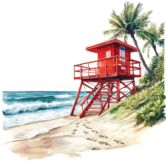 red lifeguard tower, beach scene, palm trees, ocean waves, tropical paradise, watercolor style, coral red, turquoise blue, sandy beige, coastal theme, summer vibes, california beach, fabric panel, quilting cotton, vintage illustration, seaside artwork, footprints in sand, surf and sand, beach house decor, tropical getaway